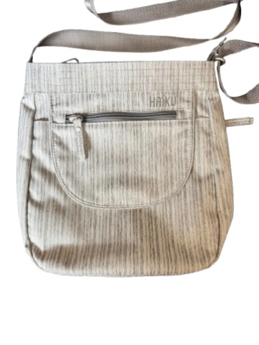 Haiku RFID Crossbody Bag Gray Stripe Travel Organizer Lightweight Vegan Purse